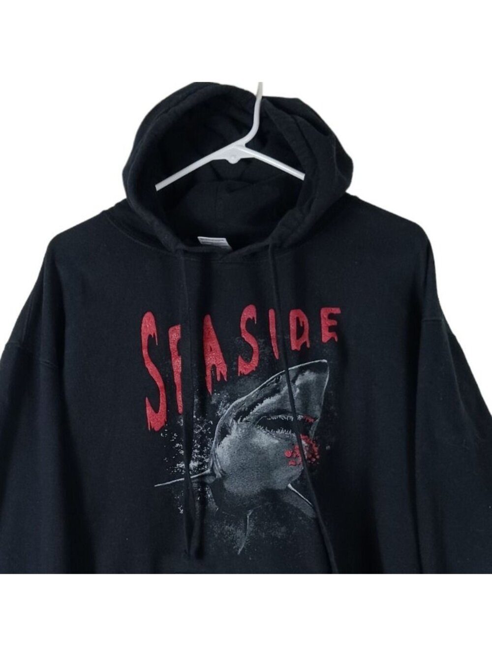 Seaside Shark Graphic Pullover Hoodie Mens Large Black Streetwear Summer Beach